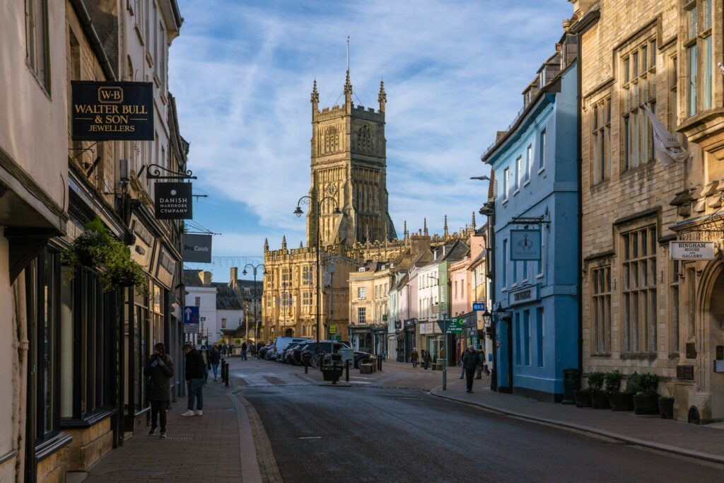 View of Cirencester Town Centre with the Church of St. John the Baptist in the distance on January 09., 2022 in Cirencester, United Kingdom